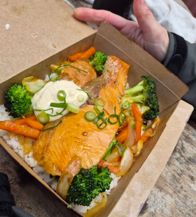 Salmon rice meal with vegetables and sliced spring onions